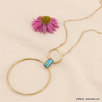 Collier double anneaux pierre ou nacre véritable acier femme 0123106 bleu turquoise