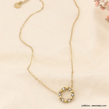 Collier casual chic en acier inoxydable médaillon cristaux pour femme 0123091 doré
