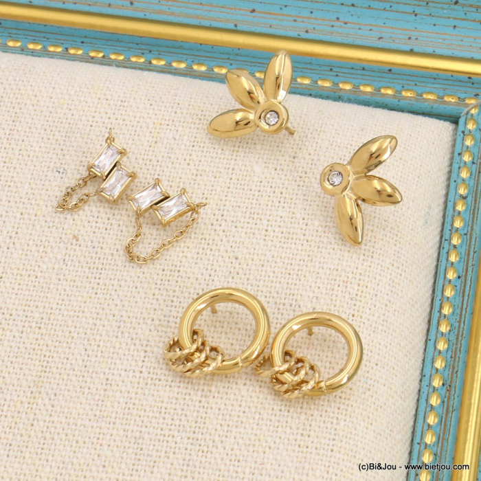 Trio boucles d'oreilles puces demi fleur, chaînette et multi-anneaux en acier 0323124 doré
