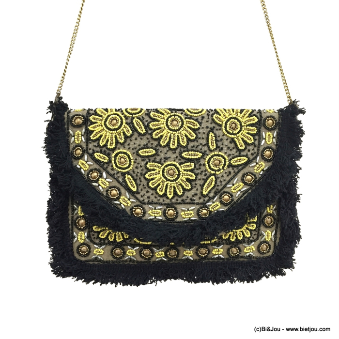 Pochette plage rabat coton franges perles rocaille femme 0923057 noir