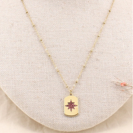 Collier médaille étoile scintillante strass et acier 0123165 fushia