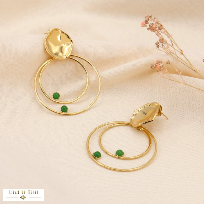 Boucles d'oreilles pendantes maxi anneaux et cabochons 0323138 vert