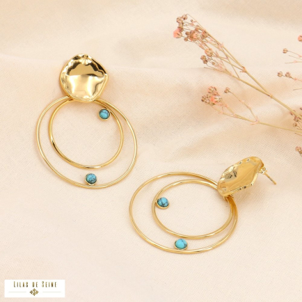 Boucles d'oreilles pendantes maxi anneaux et cabochons 0323138 bleu turquoise