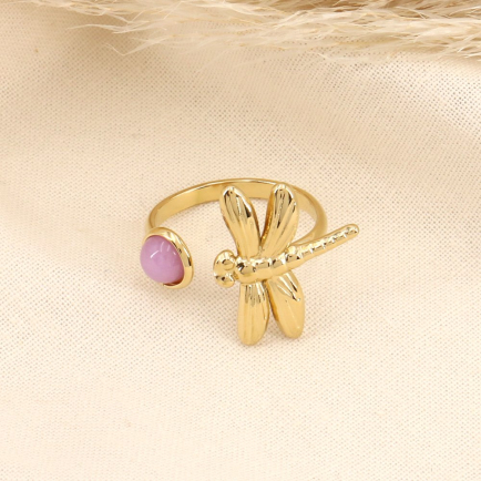 Bague libellule bohème et cabochon acier inoxydable 0423143 mauve