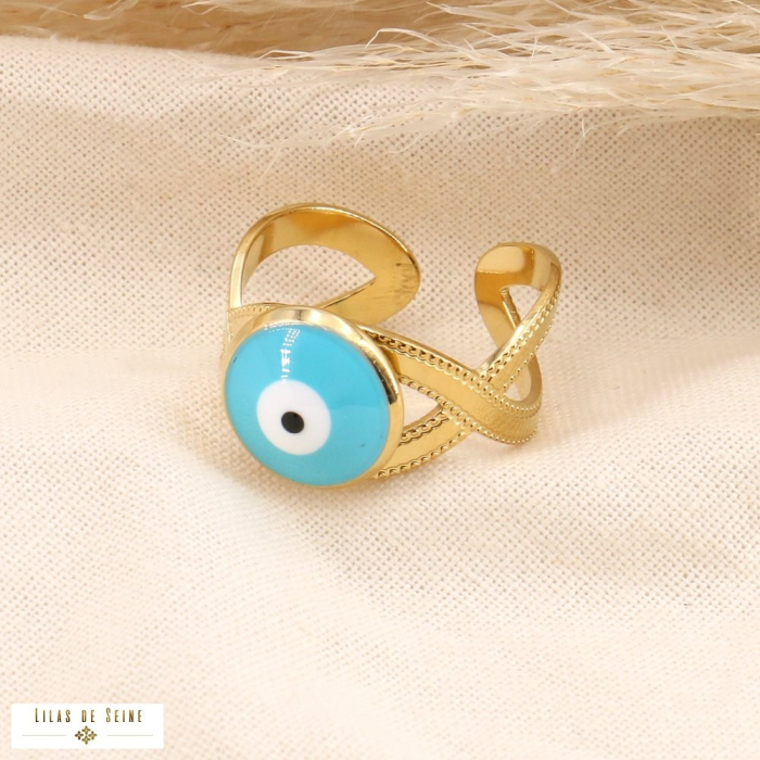 Bague oeil protecteur émail et acier inoxydable 0423122 bleu