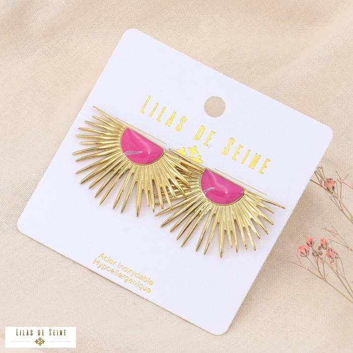 Boucles d'oreilles XXL feuilles palmier soleil acier et émail fushia