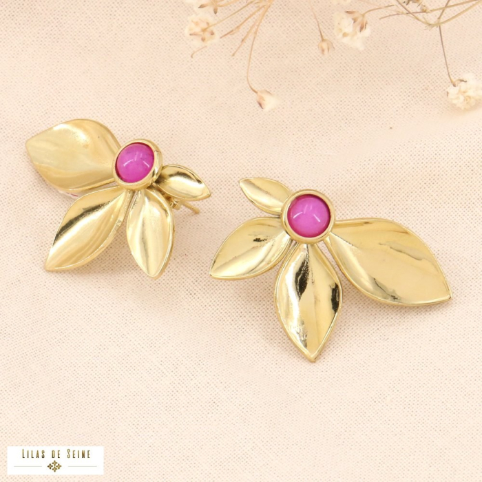 Boucles d'oreilles feuillages oversized pierres acier inoxydable 0323189 fushia