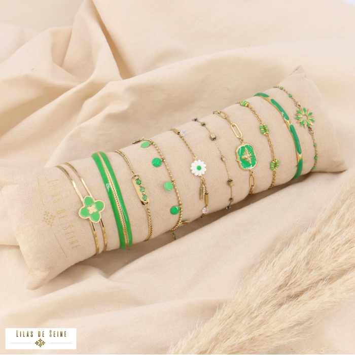 Boudin de 10 bracelets avec tréfle, marguerite, abeille en acier et émail pour femme 0223184 vert