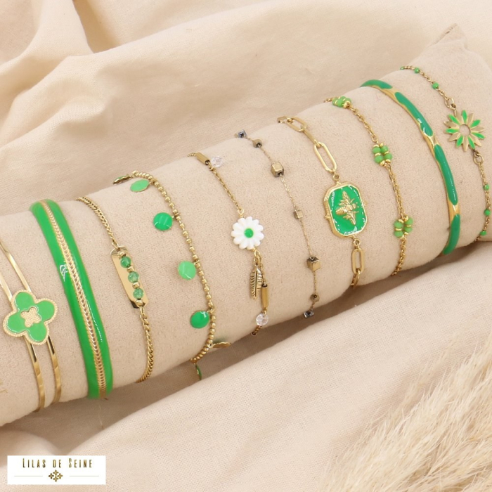 Boudin de 10 bracelets avec tréfle, marguerite, abeille en acier et émail pour femme 0223184 vert