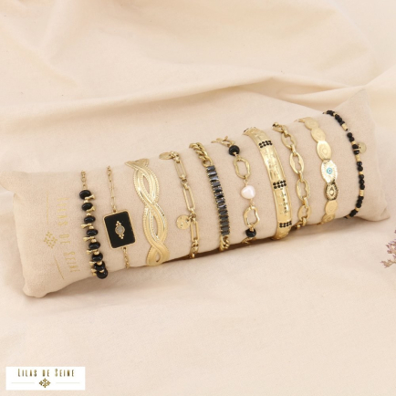 Coussin de 10 bracelets bohème avec pierres véritables, étoiles, strass, oeil en acier 0223186 noir