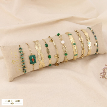 Coussin de 10 bracelets bohème avec pierres véritables, étoiles, strass, oeil en acier 0223186 vert