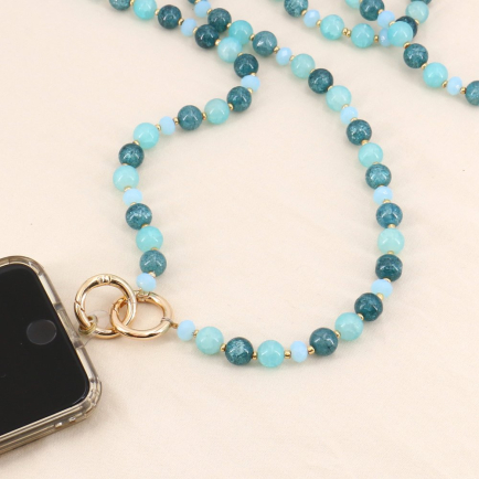 Chaîne de téléphone billes pierre et cristal pour femme mousqueton adaptateur 0123132 bleu