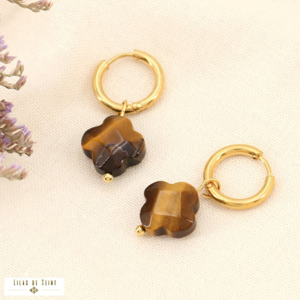 Boucles d'oreille mini créoles trèfle acier inoxydable pierre femme 0323046 marron