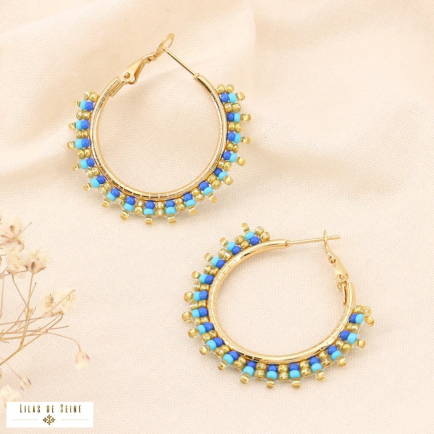 Boucles d'oreilles créoles perles rocaille brodées 0323135 bleu