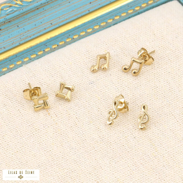 Set de 3 paires de boucles d'oreilles minimaliste acier inoxydable notes de Musique 0323196 doré