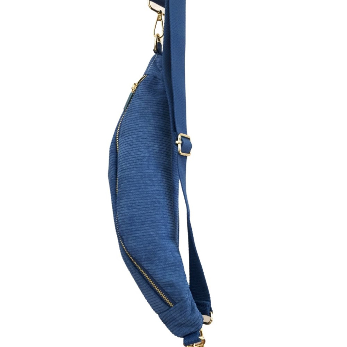 Sac banane façon velours côtelé ou léopard poche arrière extérieure zippée 0923023 bleu