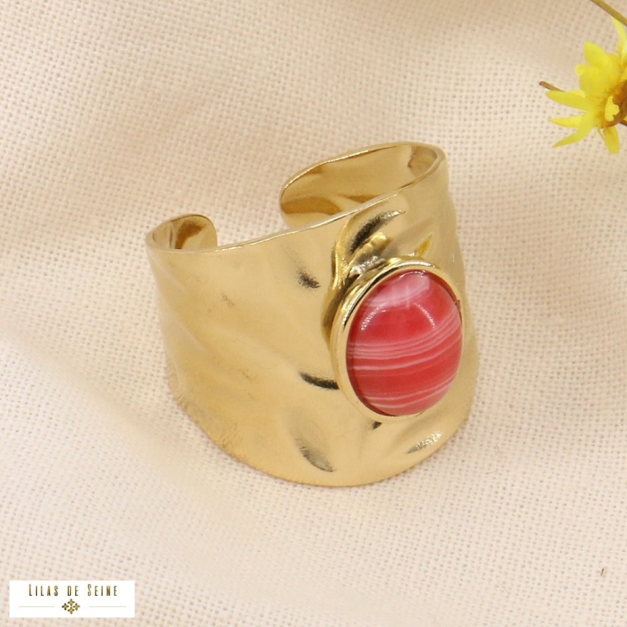 Bague cabochon pierre naturelle et anneau froissé en acier 0423165 fushia