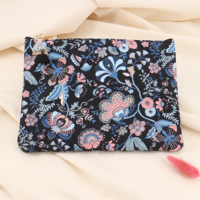 Pochette imprimé cachemire fleurs arabesques pompon 0923044 noir