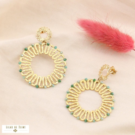 Boucles d'oreilles double anneaux en acier et broderie perles 0323187 vert