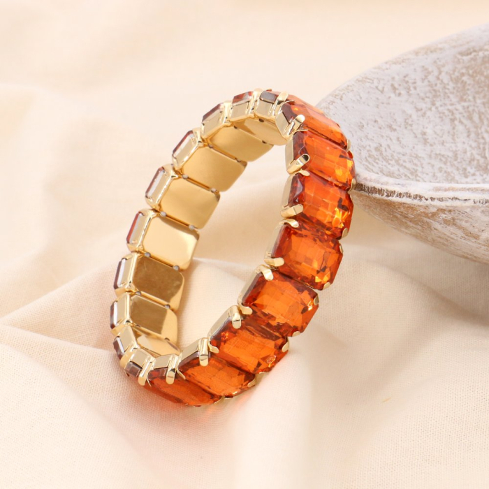 Bracelet élastique acier inoxydable strass colorées facettées 0223526 orange
