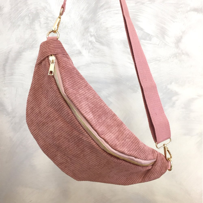 Sac banane façon velours côtelé ou léopard poche arrière extérieure zippée 0923023 vieux rose