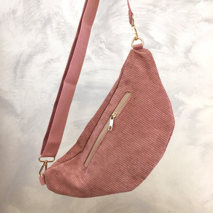 Sac banane façon velours côtelé ou léopard poche arrière extérieure zippée 0923023 vieux rose