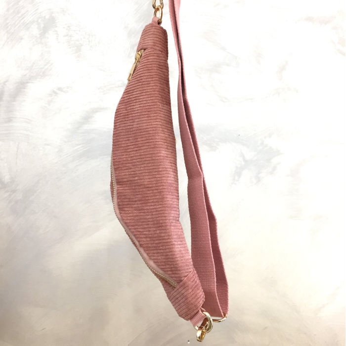 Sac banane façon velours côtelé ou léopard poche arrière extérieure zippée 0923023 vieux rose