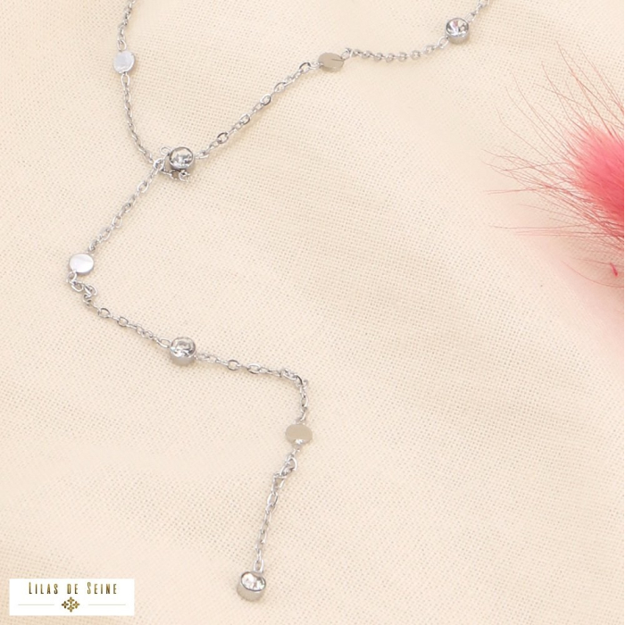 Collier Y en acier inoxydable et strass pour femme 0123507 argenté