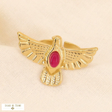 Bague acier inoxydable oiseau colombe cabochon pierre 0423512 fushia
