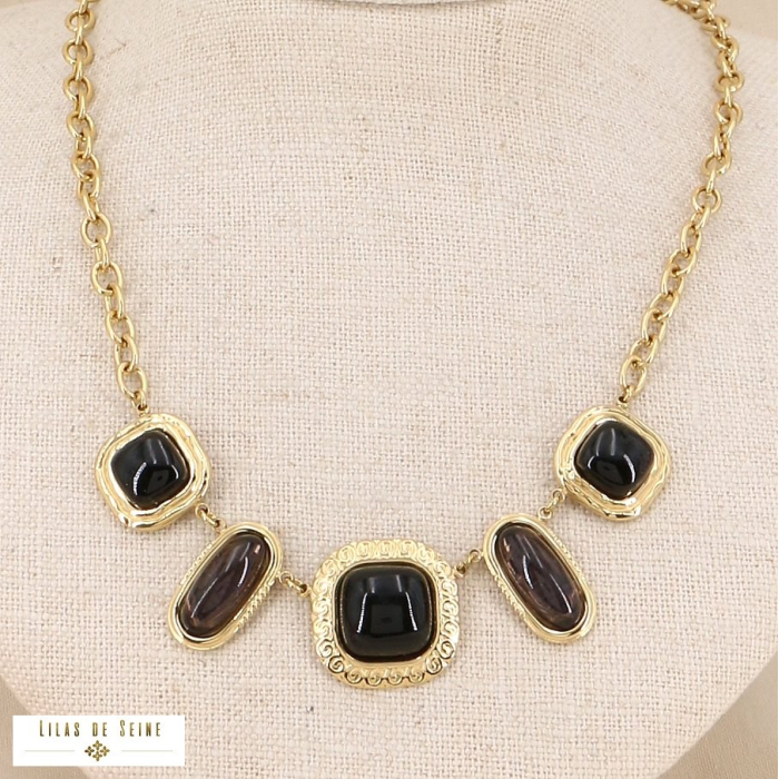 Collier court vintage acier inoxydable cabochon résine 0123525 noir