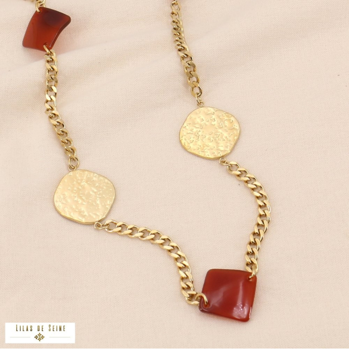Sautoir chaîne disques martelés acier et perles acétate femme 0123520 marron