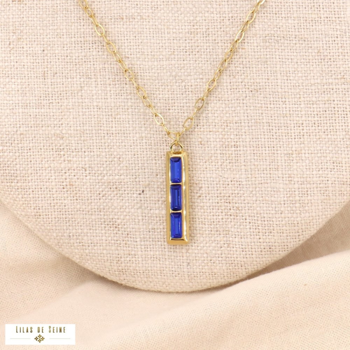 Collier court gros maillons et tige en acier et strass rectangles pour femme 0123531 bleu foncé