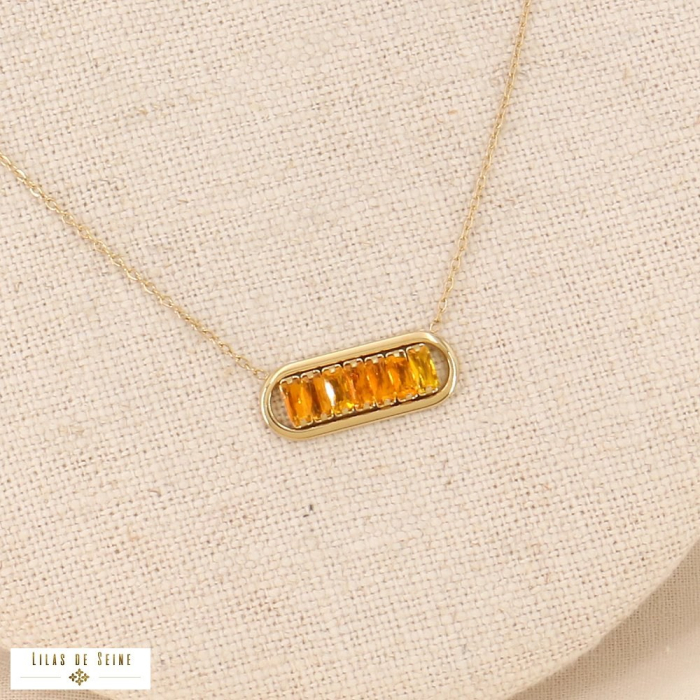 Collier pendentif ovale en acier inoxydable et rangée de strass facettés pour femme 0123532 orange foncé