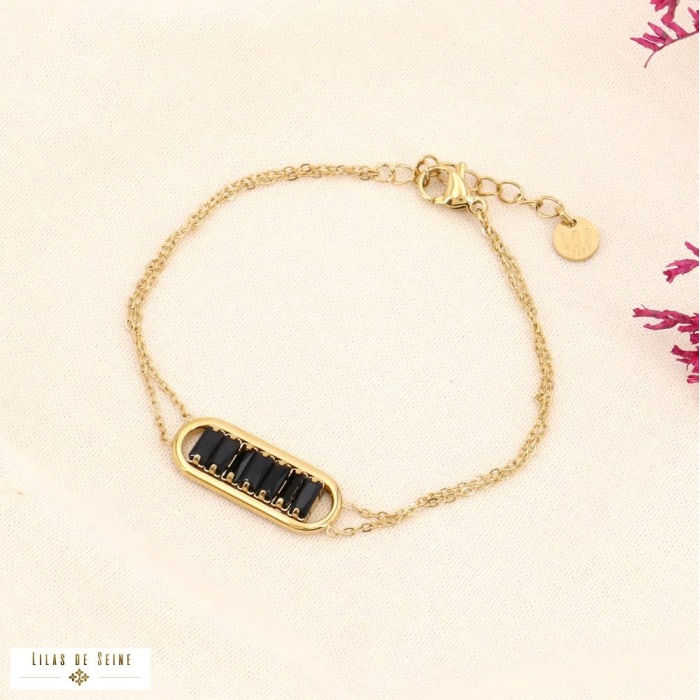 Bracelet pendentif ovale en acier inoxydable et rangée de strass facettés pour femme 0223514 noir