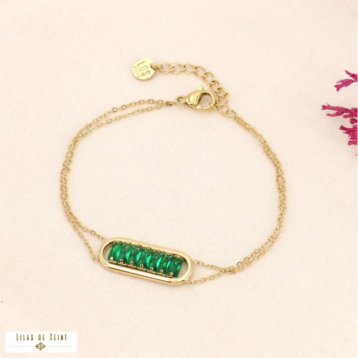 Bracelet pendentif ovale en acier inoxydable et rangée de strass facettés pour femme 0223514 vert aqua