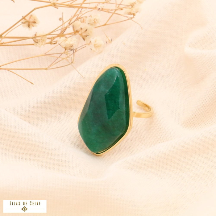 Bague oversized en acier inoxydable doré et pierre véritable facettée 0423511 vert foncé