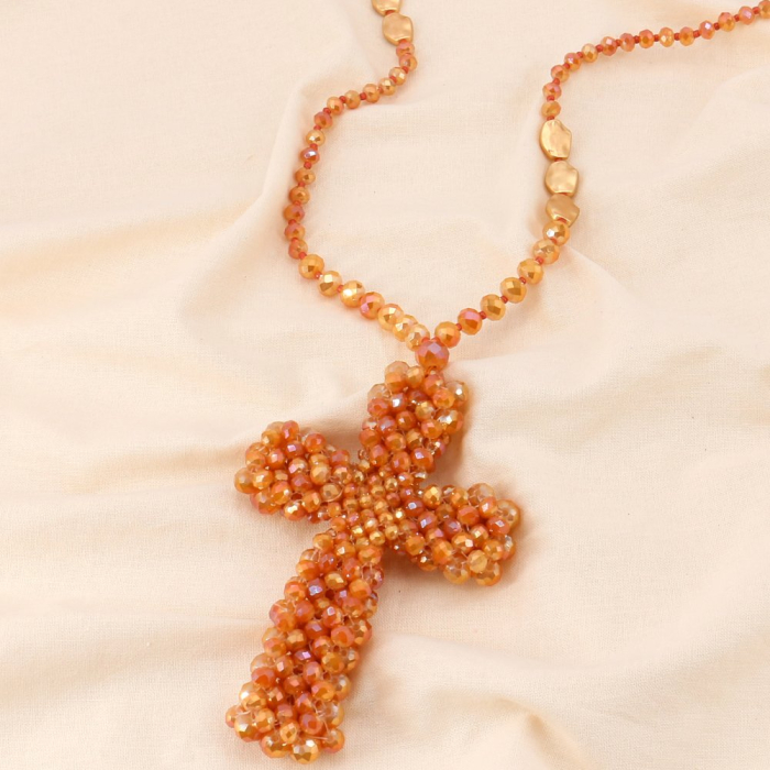 Sautoir perles facettées cristal et croix oversized 0123140 orange