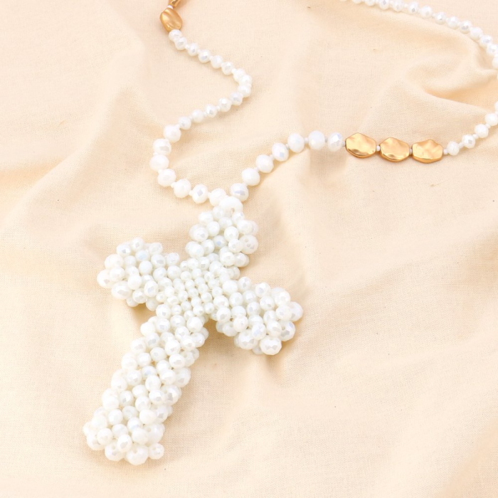 Sautoir perles facettées cristal et croix oversized 0123140 blanc