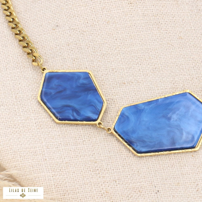Collier hexagones irréguliers résine effet marbré et acier inoxydable 0123521 bleu foncé