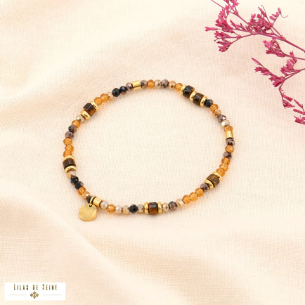 Bracelet élastique acier bohème perles cristal et pierres naturelles 0223524 marron