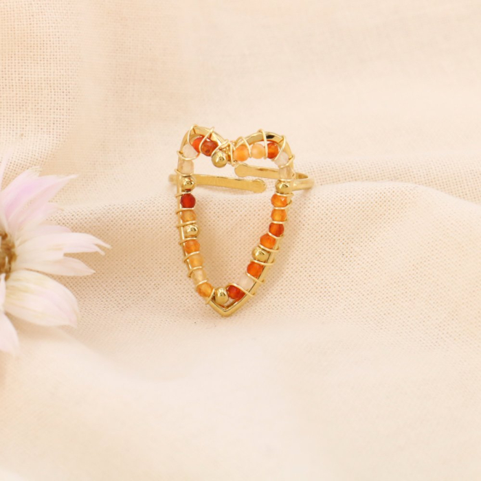 Bague forme coeur en acier et broderie perles pierres véritables ajustable 0423518 orange foncé
