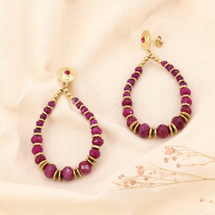 Boucles d'oreilles pendantes bohème en pierres véritables et acier doré 0323569 violet