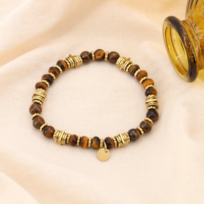 Bracelet élastique éthnique en pierres véritables et acier inoxydable doré 0223547 marron