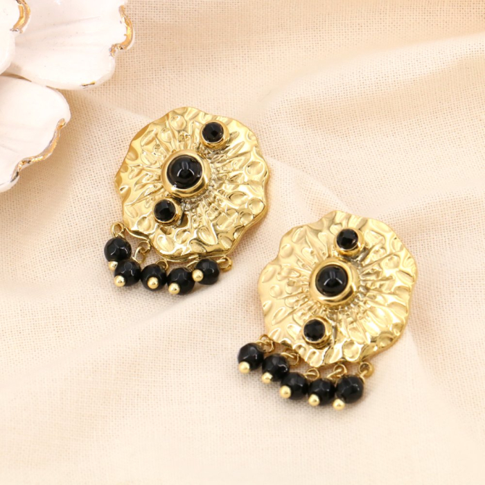 Boucles d'oreilles nénuphar en acier inoxydable doré et breloques pierres naturelles 0323571 noir