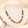 Collier chaîne et perles acier inoxydable et rondelles pierres véritables 0123582 marron