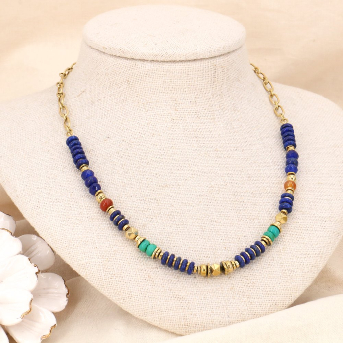Collier chaîne et perles acier inoxydable et rondelles pierres véritables 0123582 bleu foncé