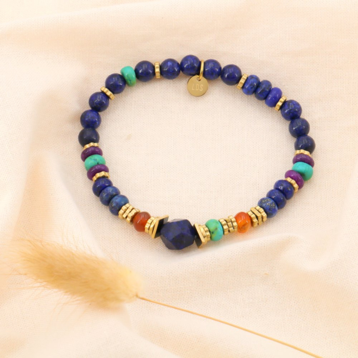 Bracelet élastique rondelles en acier inoxydable et perles en pierres naturelles 0223550 bleu