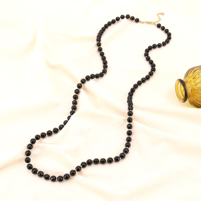 Sautoir en perles de pierres véritables et hématite pour femme 0123546 noir