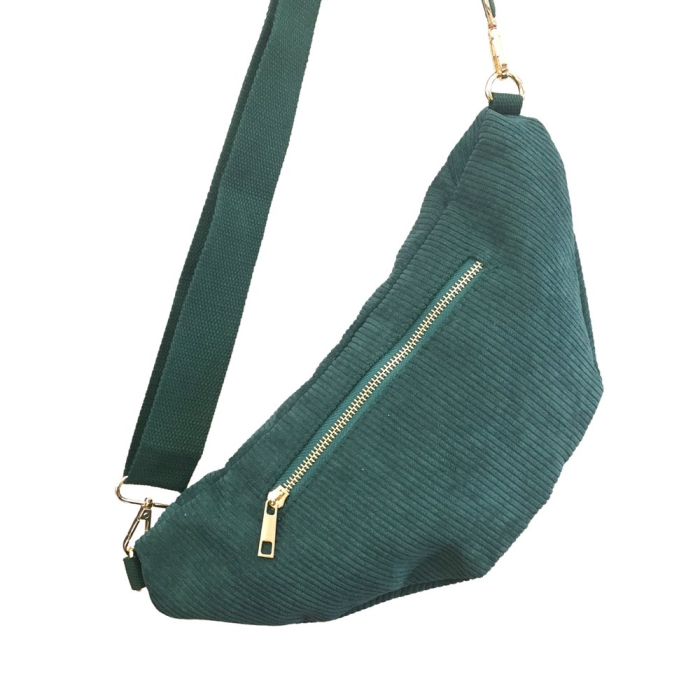 Sac banane façon velours côtelé ou léopard poche arrière extérieure zippée 0923023 vert foncé