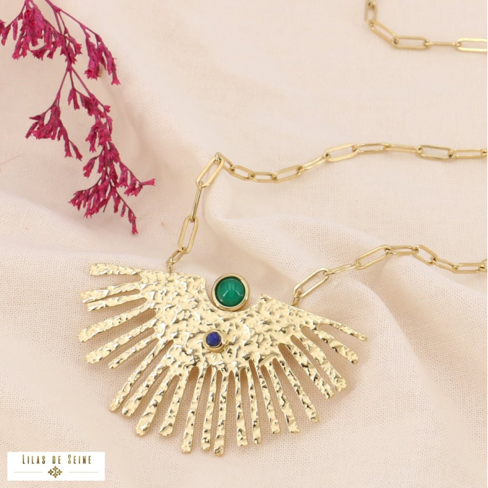 Sautoir pendentif demi-soleil acier texturé et pierres naturelles pour femme 0123564 vert